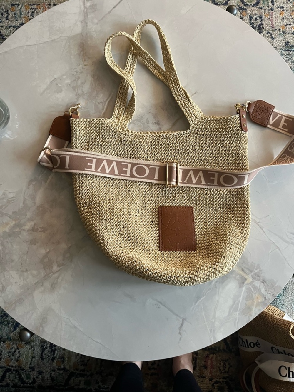 Beige Woven Tote with Logo Strap